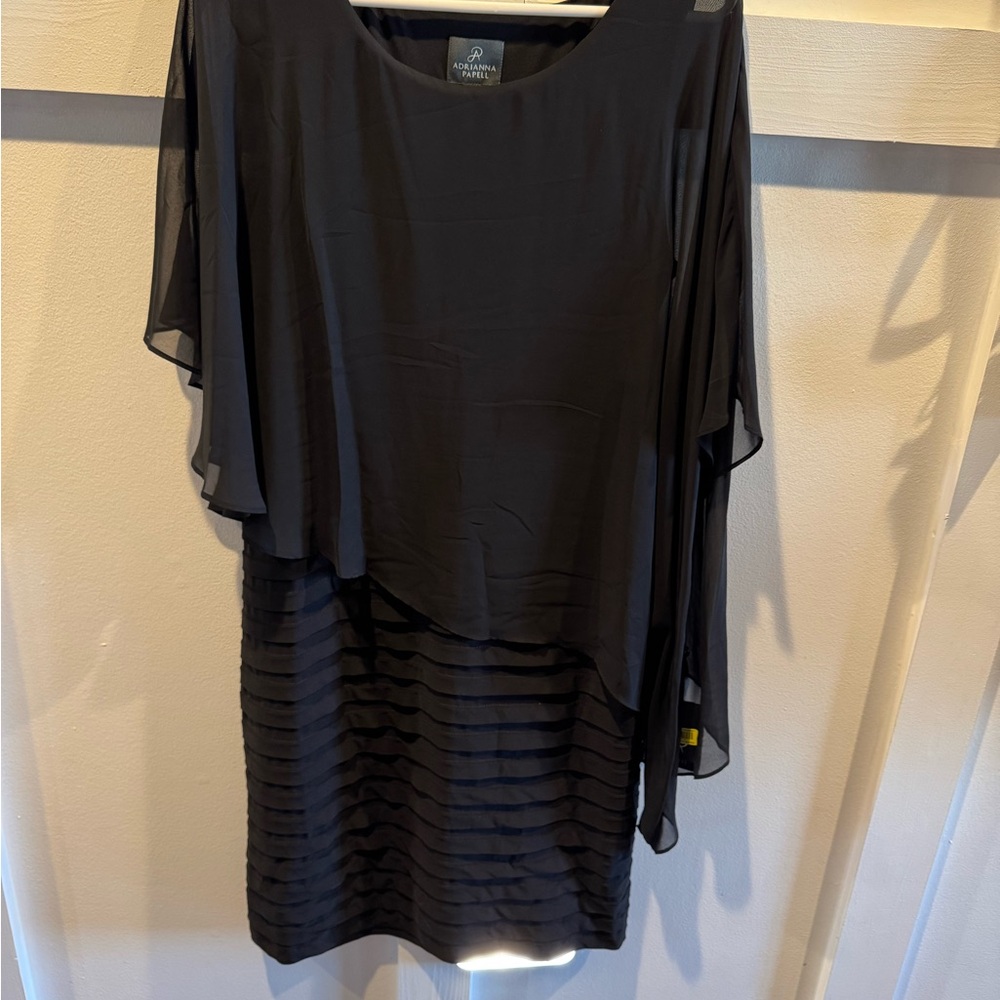 Adrianna Papell Black Asymmetrical Sheath Dress with Chiffon Drape Overlay NWT